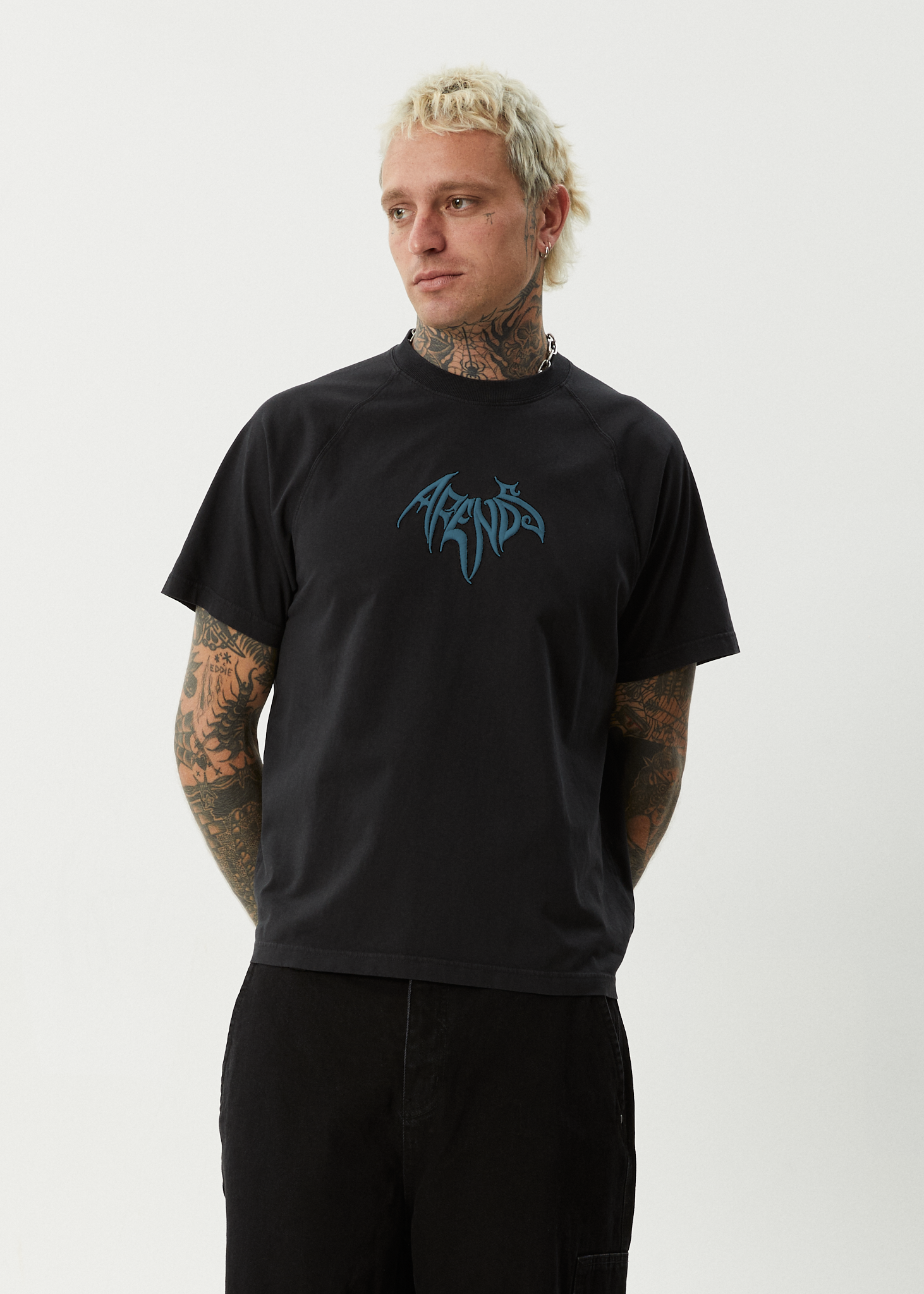 AFENDS Mens Bats - Raglan Boxy Tee - Stone Black