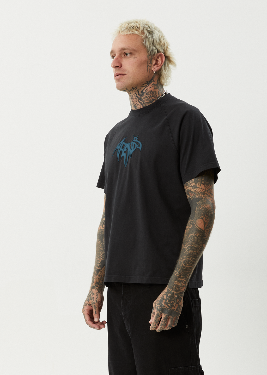AFENDS Mens Bats - Raglan Boxy Tee - Stone Black