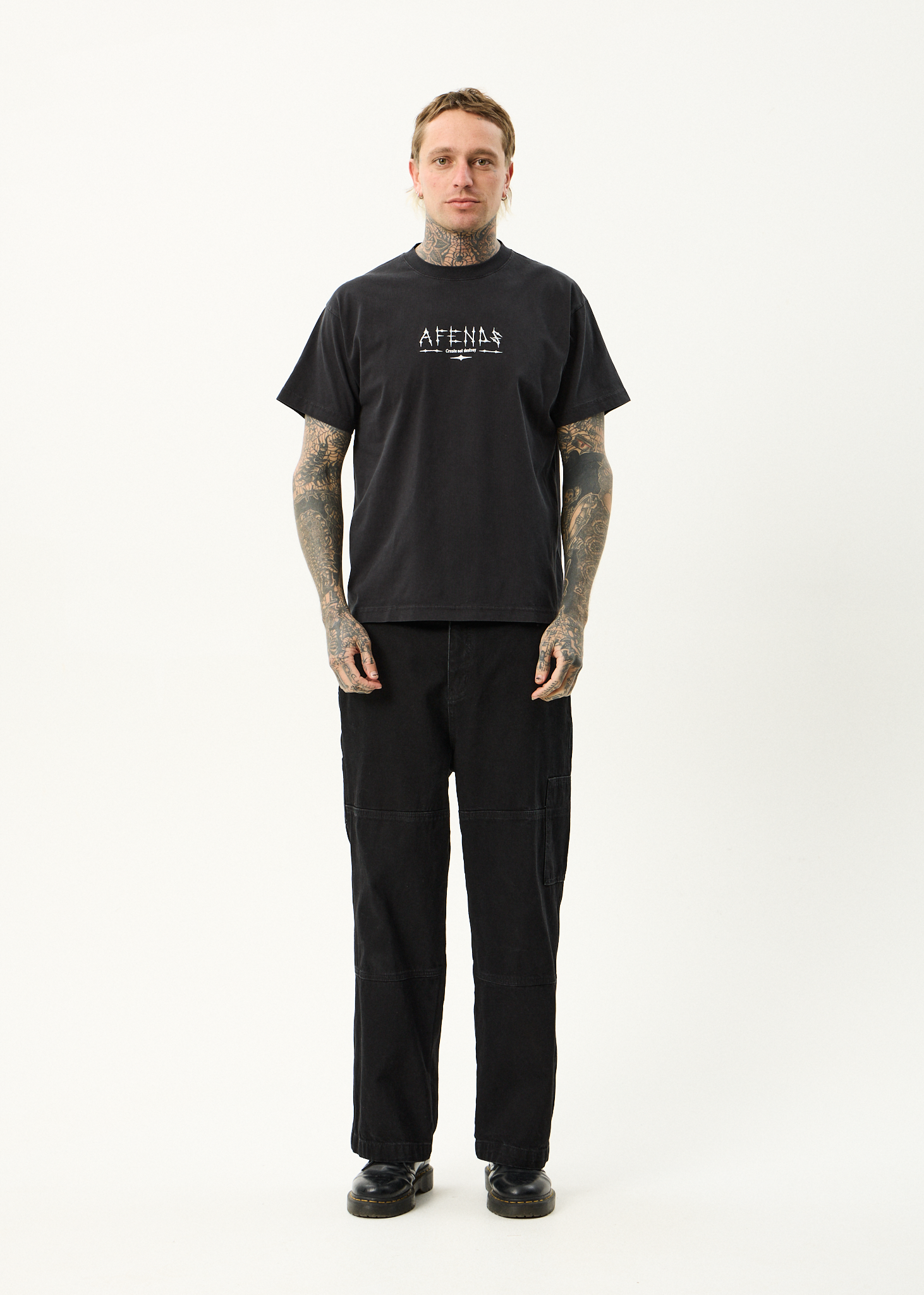 AFENDS Mens Spinal - Boxy Tee - Stone Black