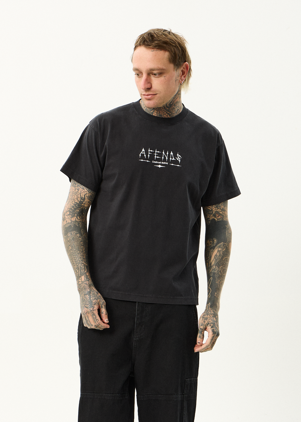 AFENDS Mens Spinal - Boxy Tee - Stone Black