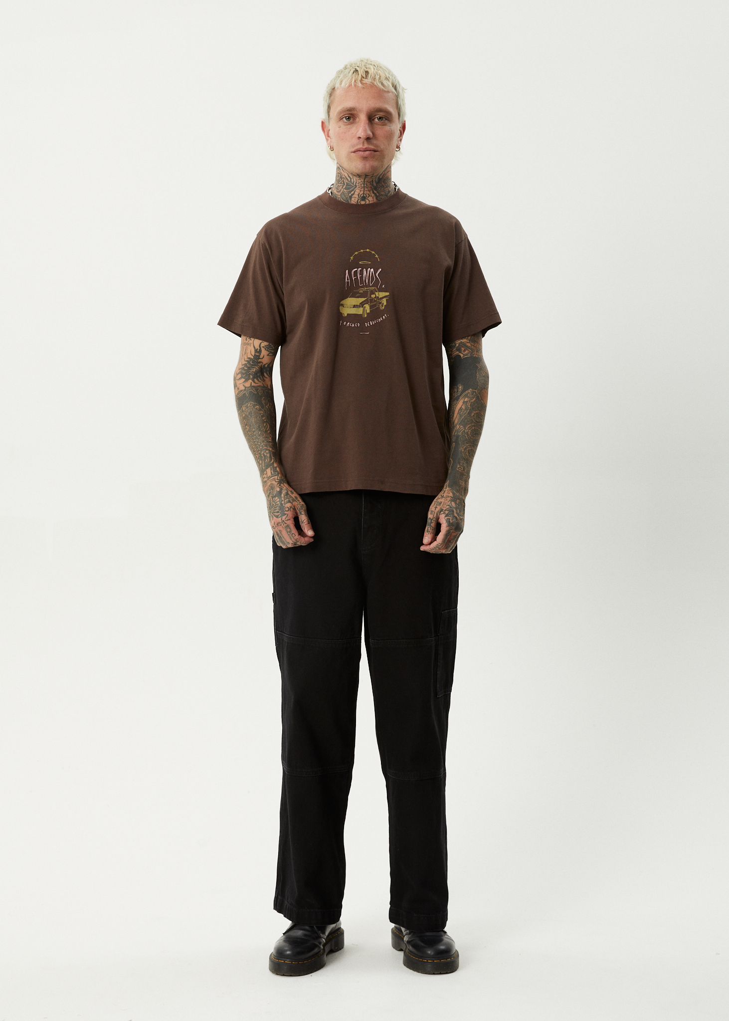 AFENDS Mens Trayback - Boxy Tee - Coffee