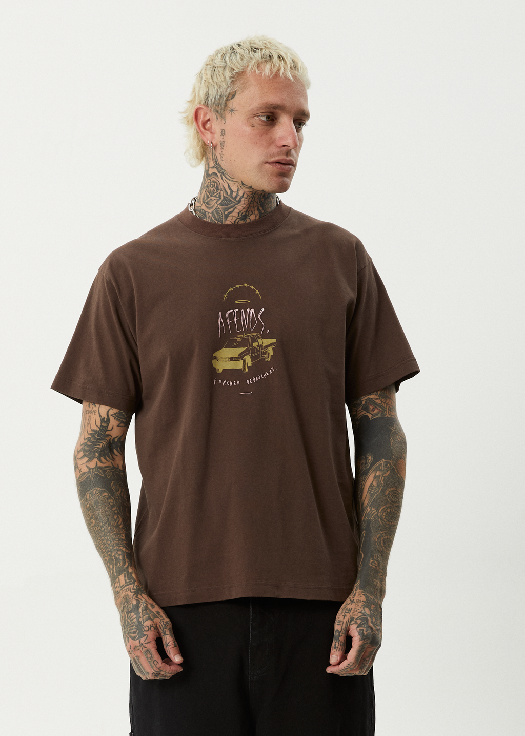 AFENDS Mens Trayback - Boxy Tee - Coffee