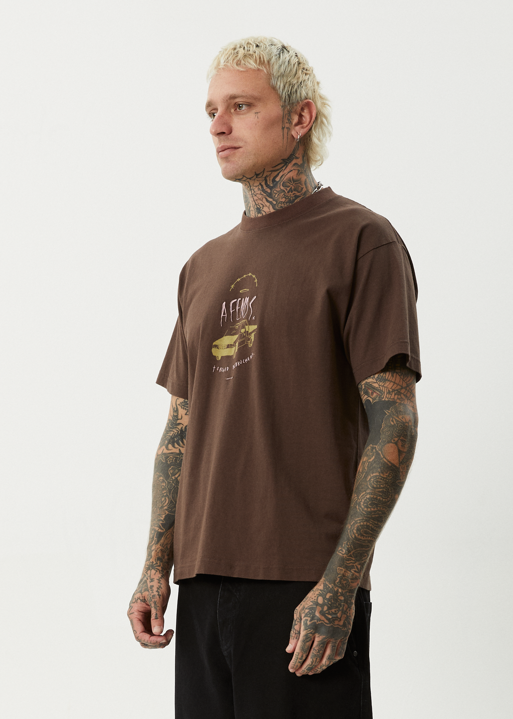 AFENDS Mens Trayback - Boxy Tee - Coffee