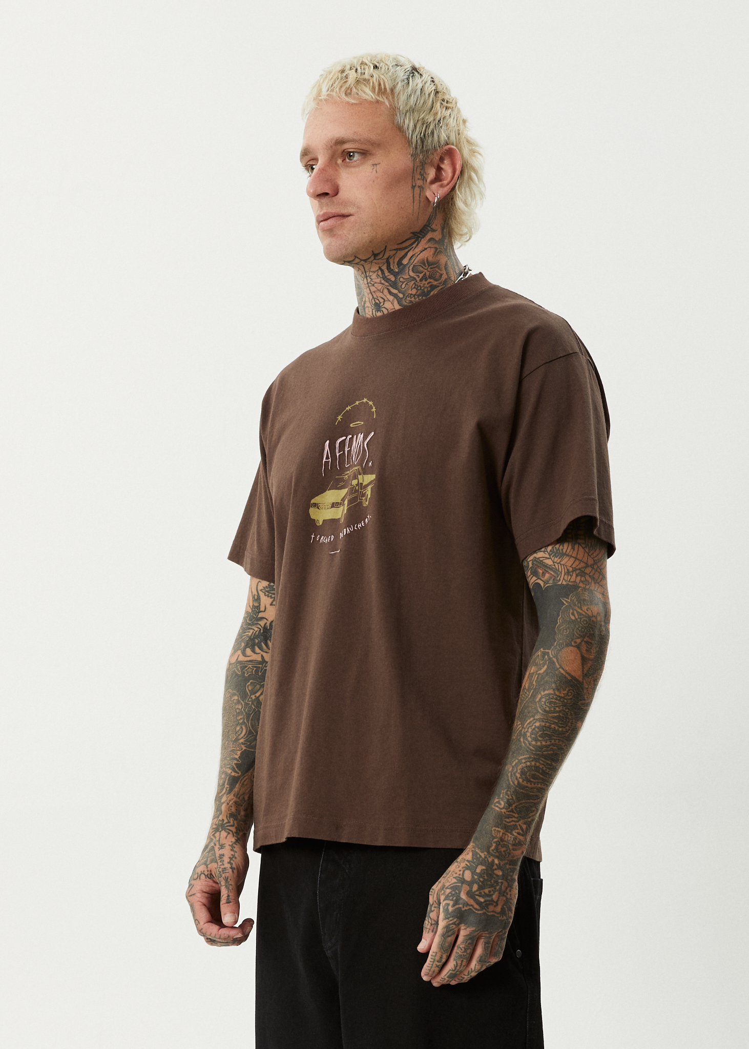 AFENDS Mens Trayback - Boxy Tee - Coffee