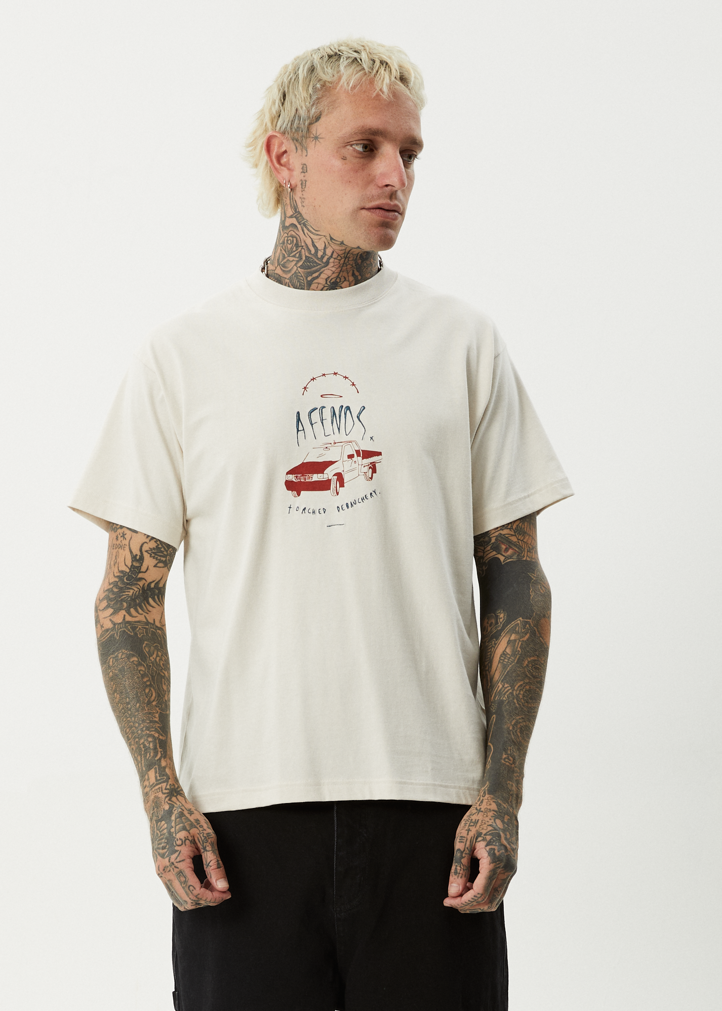 AFENDS Mens Trayback - Boxy Tee - Moonbeam