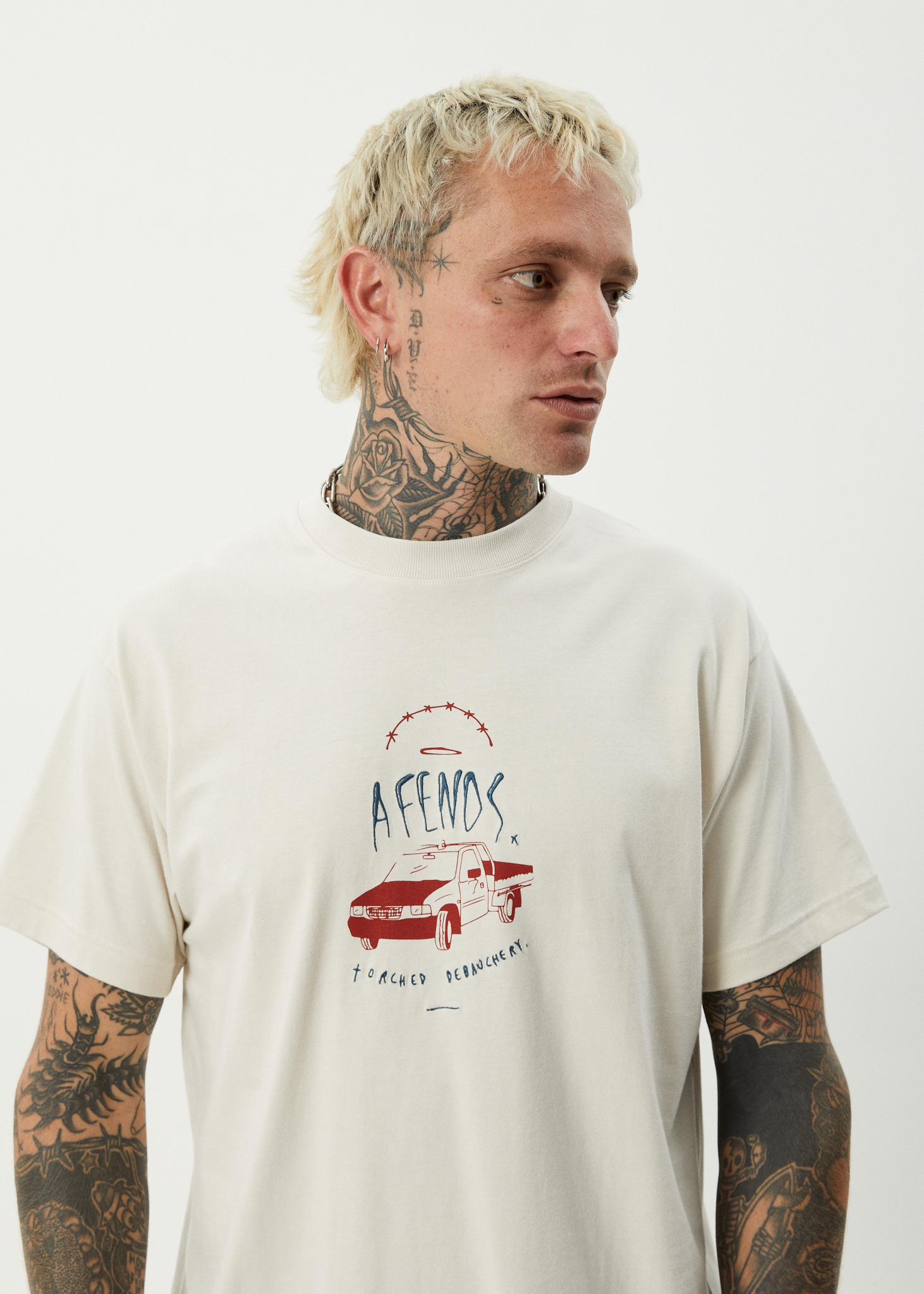AFENDS Mens Trayback - Boxy Tee - Moonbeam