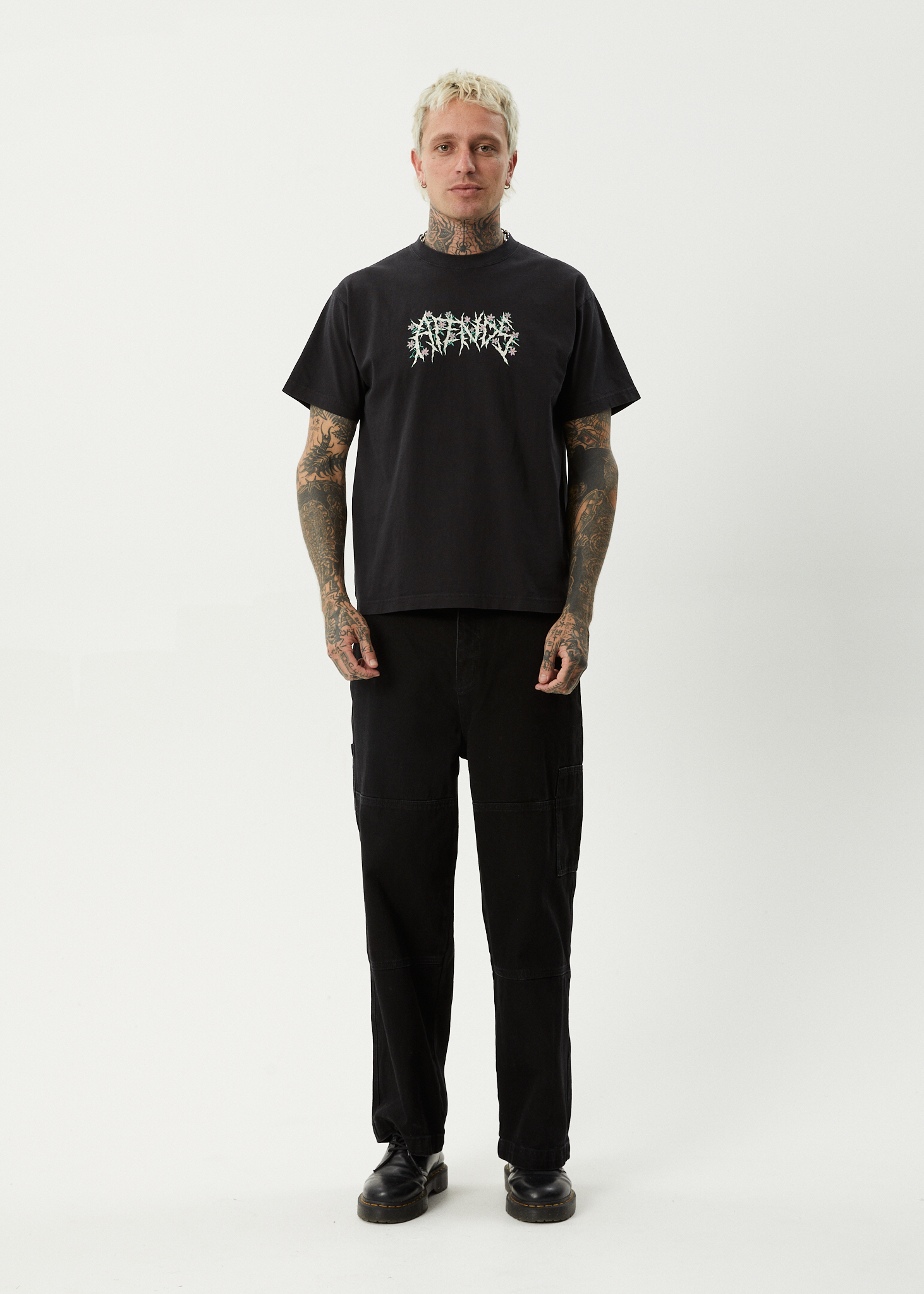 AFENDS Mens Heavy Petal - Heavyweight Boxy Tee - Stone Black