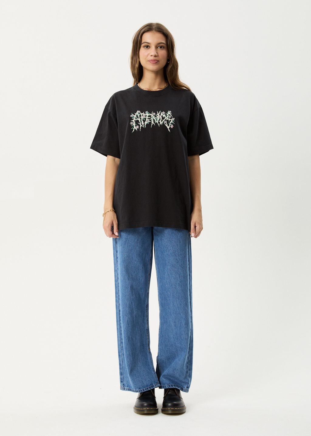 AFENDS Mens Heavy Petal - Heavyweight Boxy Tee - Stone Black