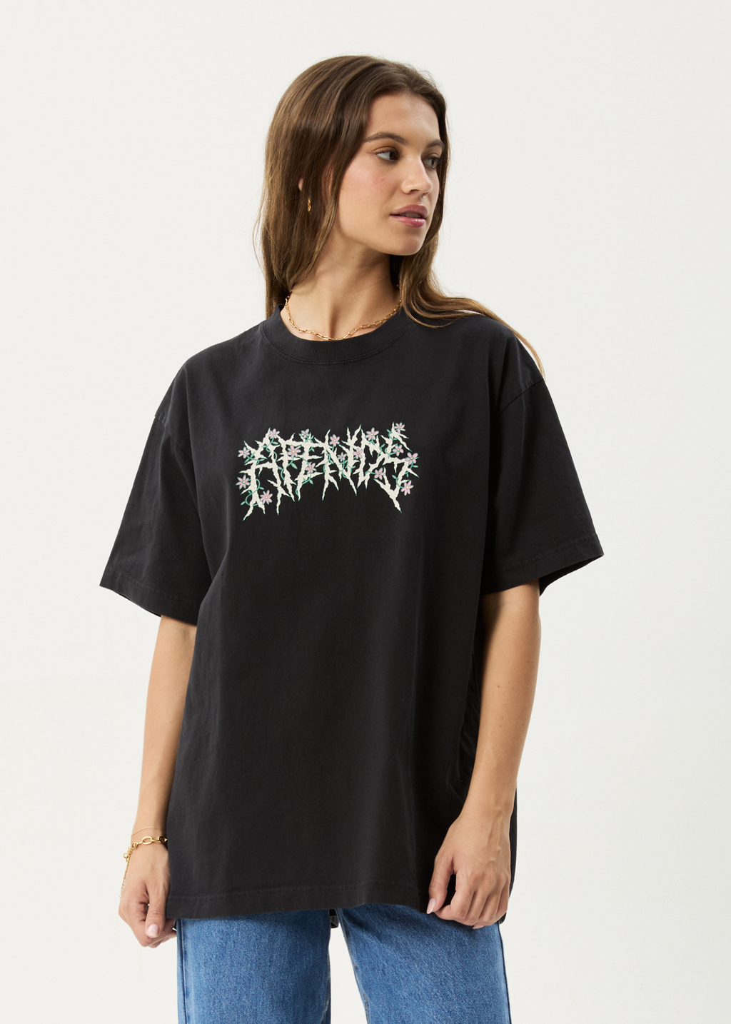 AFENDS Mens Heavy Petal - Heavyweight Boxy Tee - Stone Black