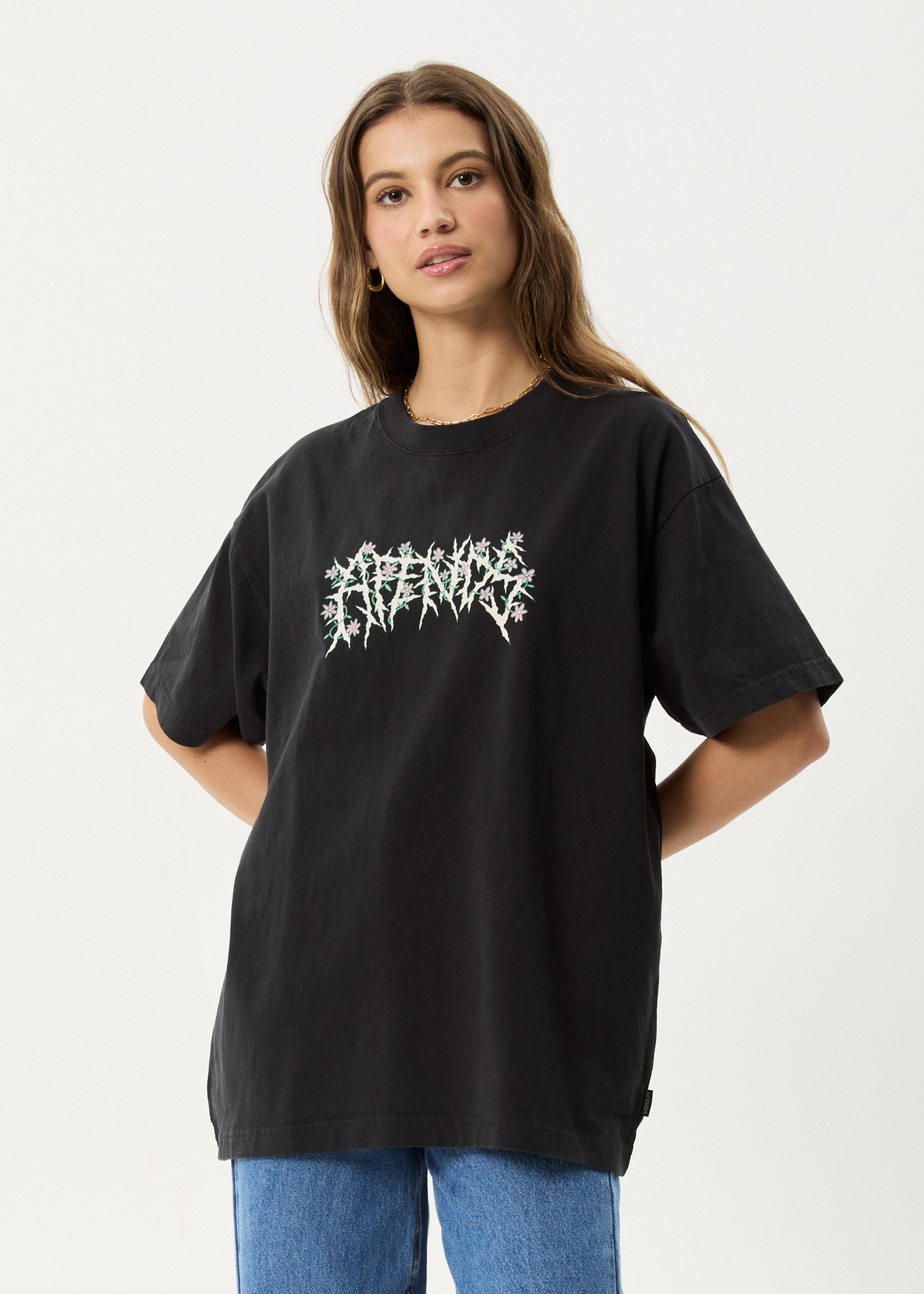 AFENDS Mens Heavy Petal - Heavyweight Boxy Tee - Stone Black