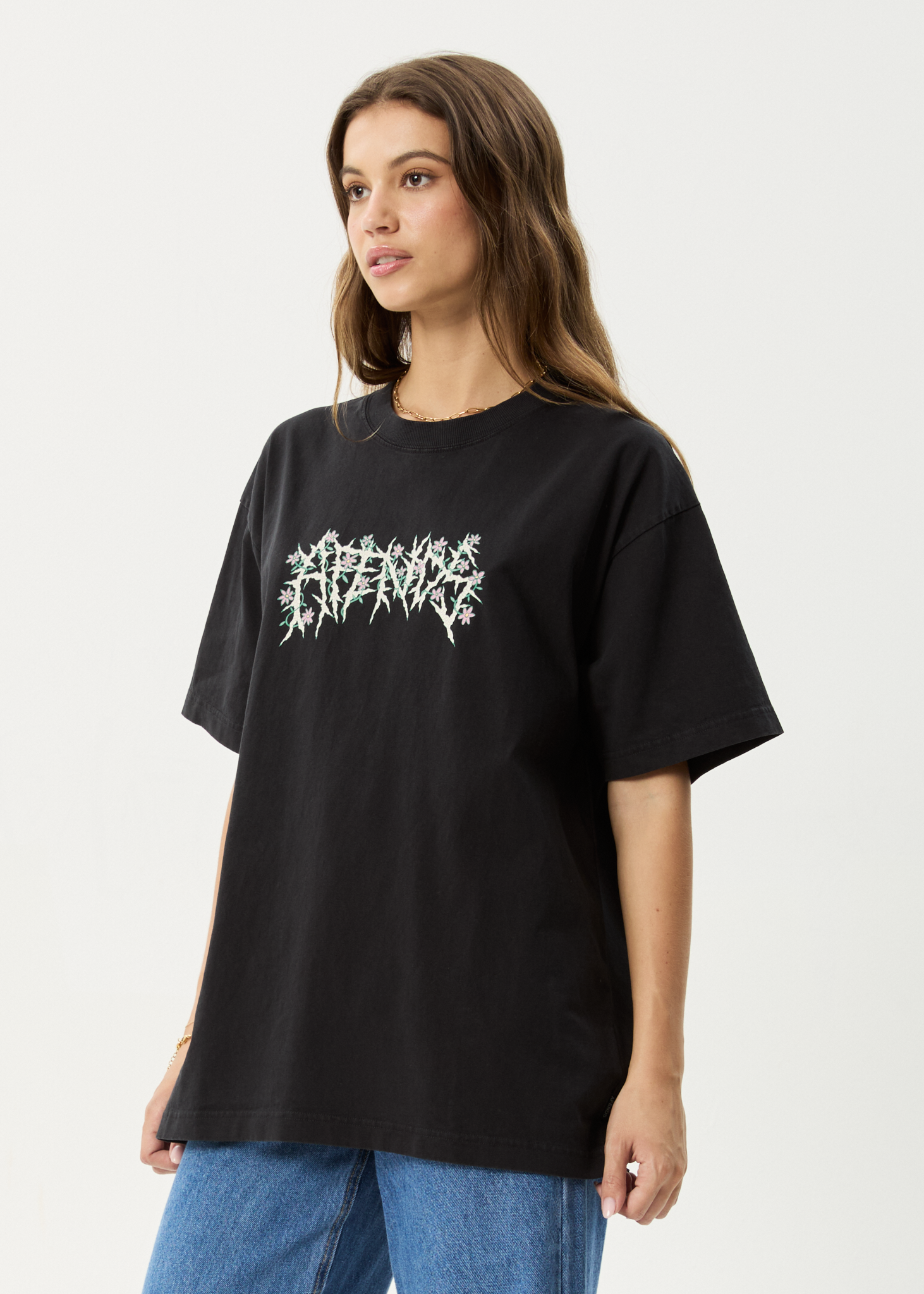 AFENDS Mens Heavy Petal - Heavyweight Boxy Tee - Stone Black