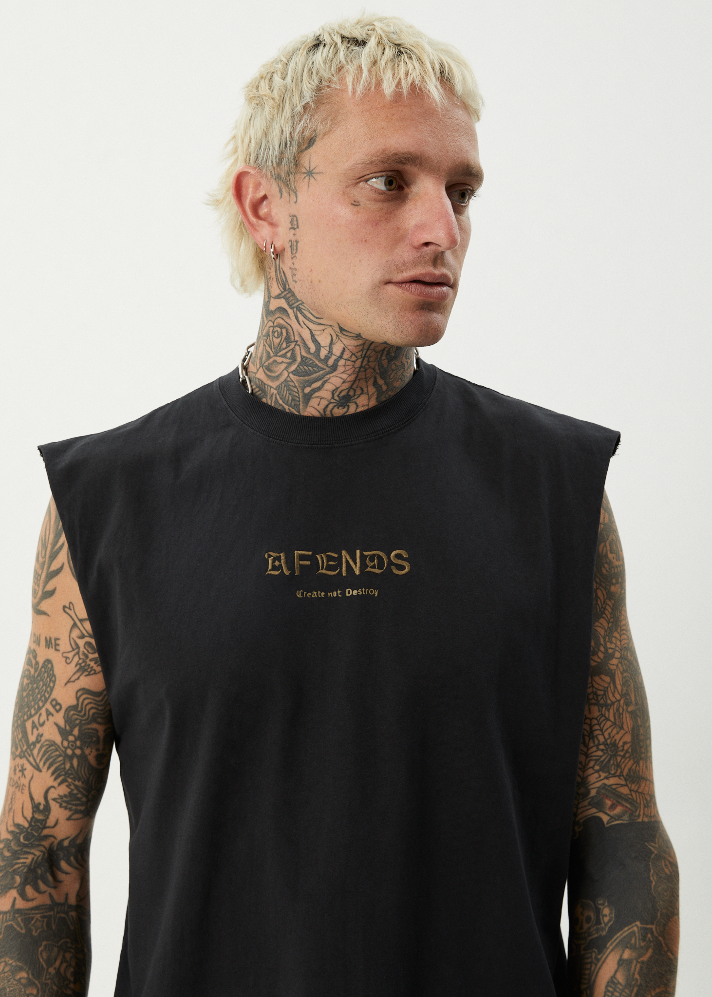 AFENDS Mens Mix Up - Sleeveless Tee - Stone Black