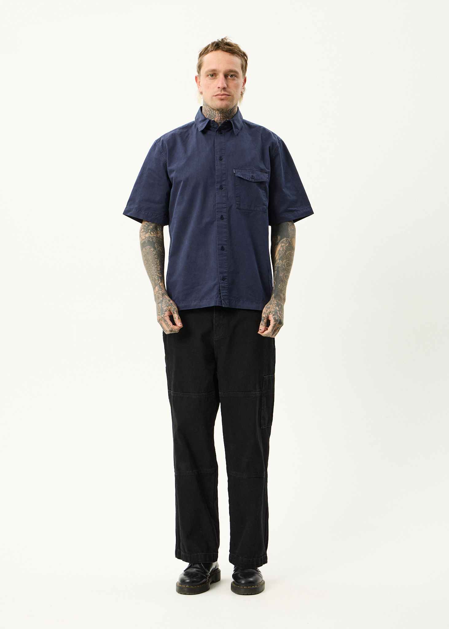 AFENDS Mens Overdie - Overdyed Short Sleeve Shirt - Deep Sea