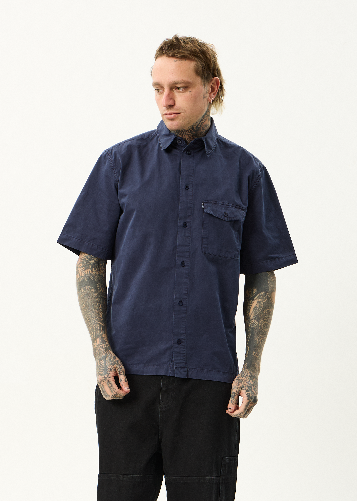 AFENDS Mens Overdie - Overdyed Short Sleeve Shirt - Deep Sea