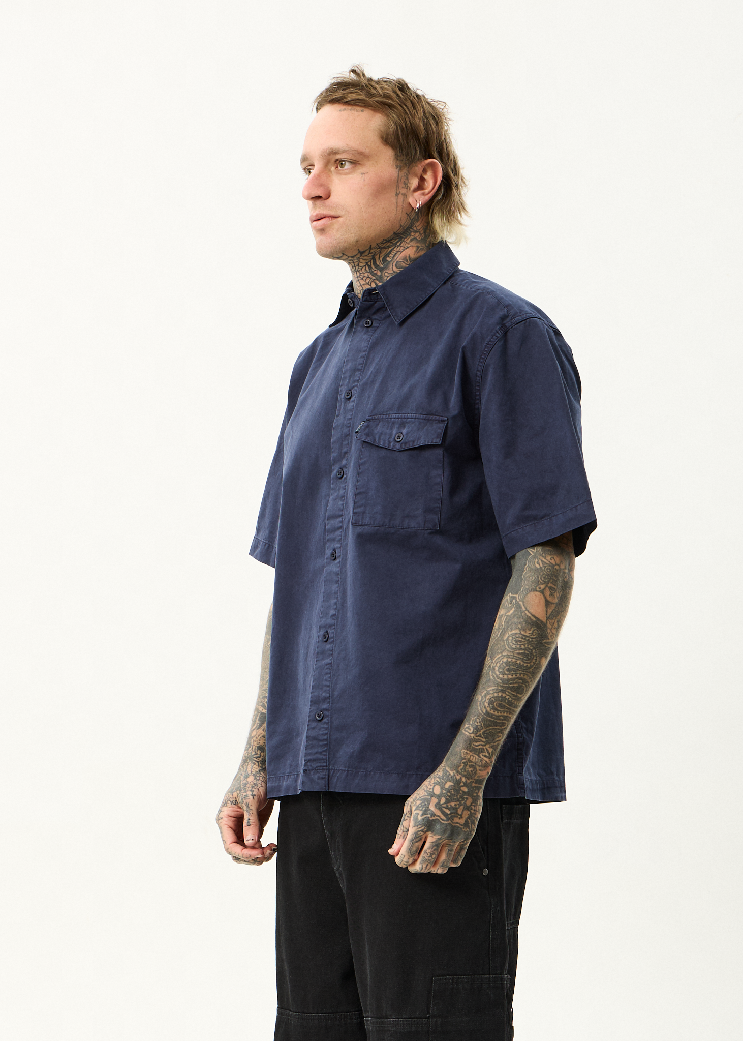 AFENDS Mens Overdie - Overdyed Short Sleeve Shirt - Deep Sea