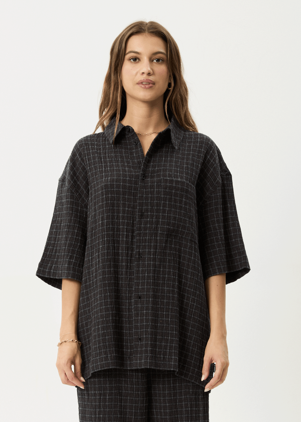AFENDS Mens Dusk - Seersucker Check Shirt - Black Check