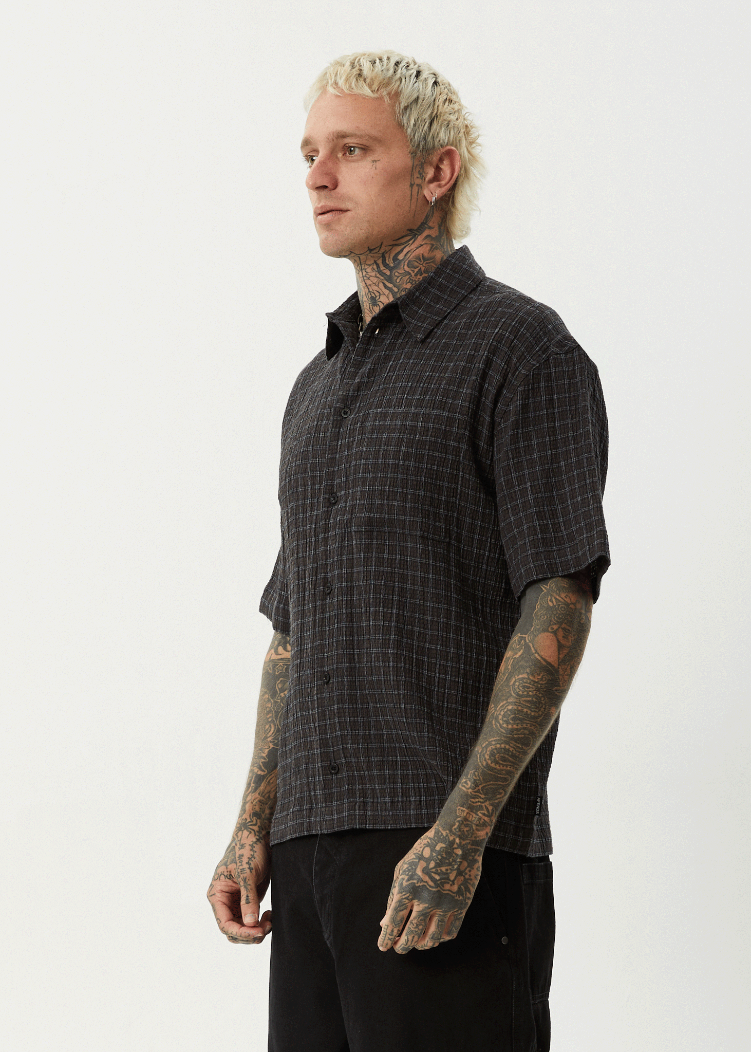 AFENDS Mens Dusk - Seersucker Check Shirt - Black Check