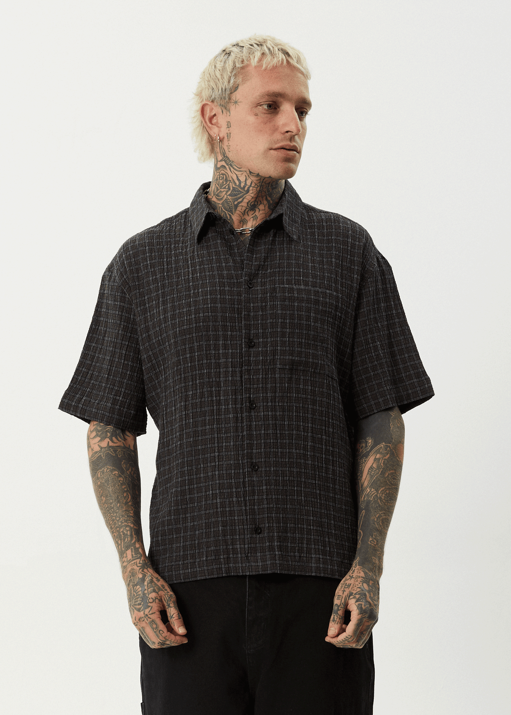 AFENDS Mens Dusk - Seersucker Check Shirt - Black Check