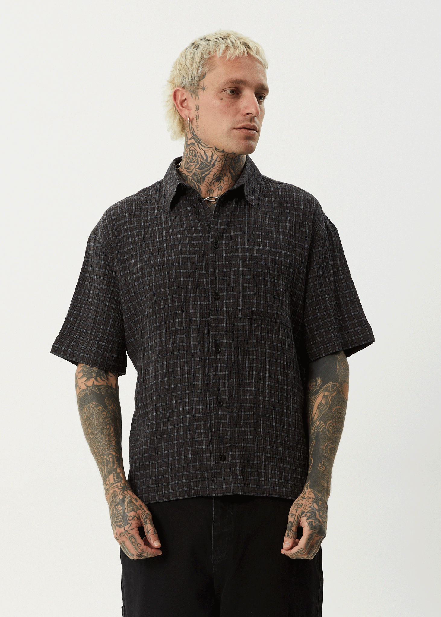 AFENDS Mens Dusk - Seersucker Check Shirt - Black Check