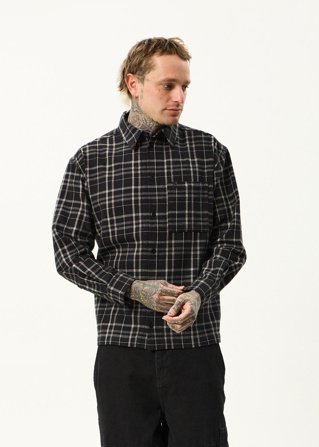 AFENDS Mens Nights - Flannel Long Sleeve Shirt - Black Check
