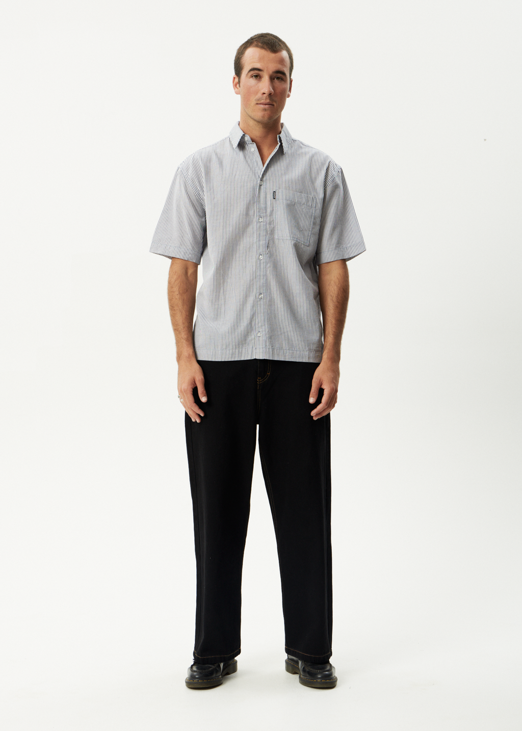 AFENDS Mens Intergalactic - Short Sleeve Shirt - Navy Stripe