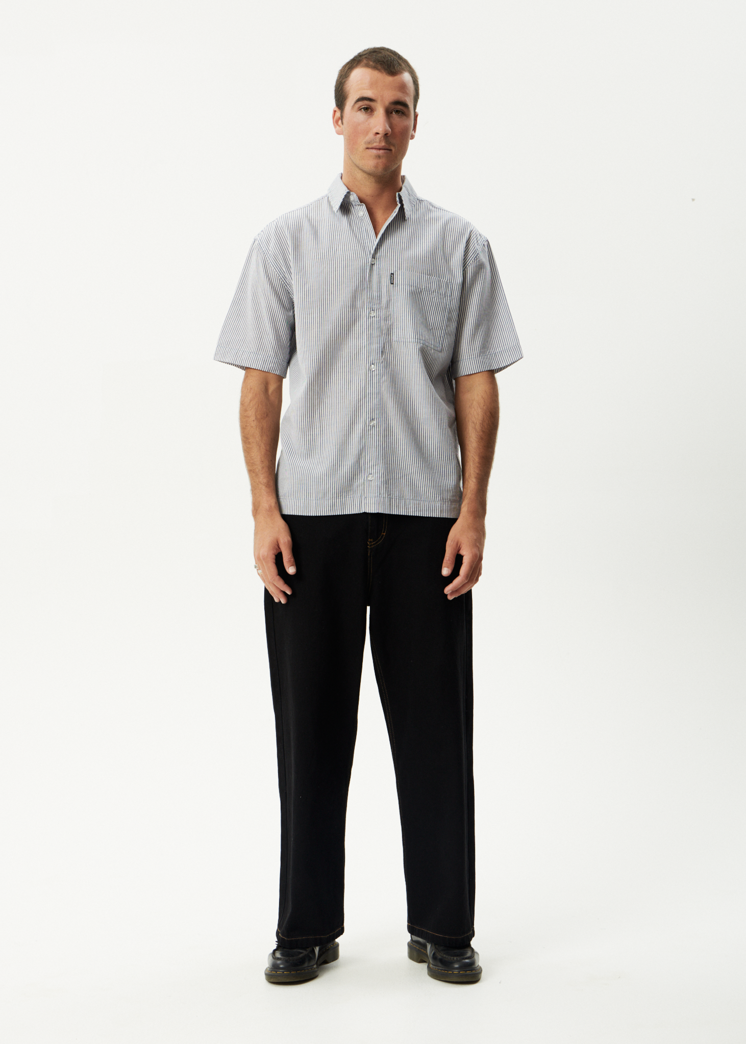 AFENDS Mens Intergalactic - Short Sleeve Shirt - Navy Stripe