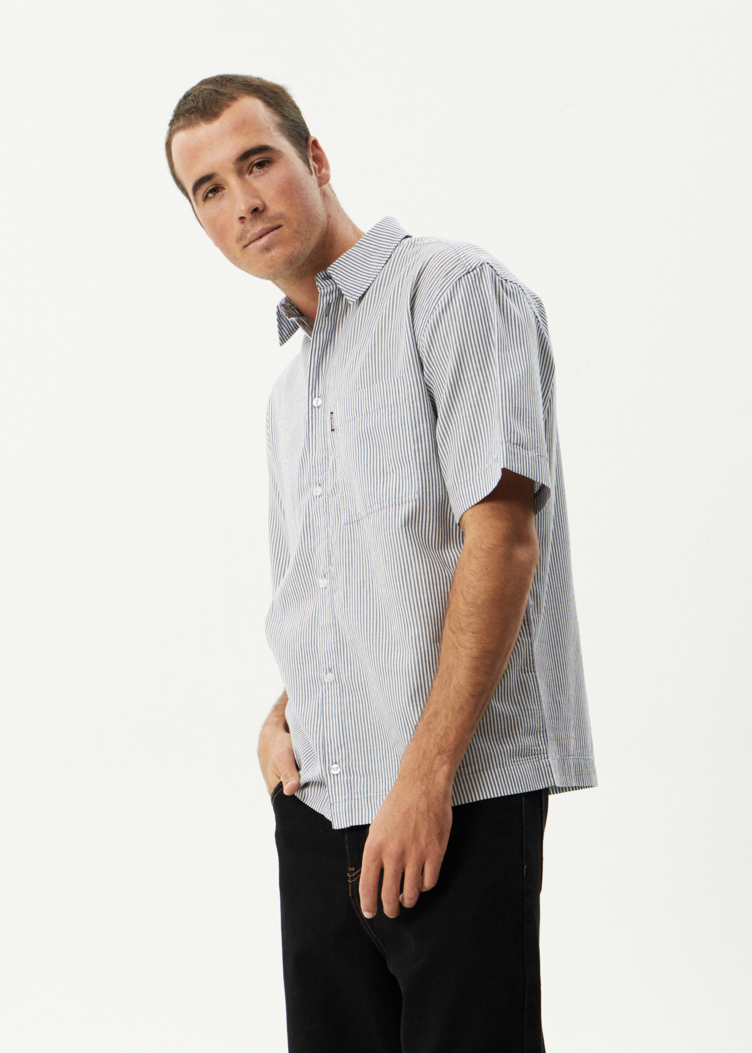 AFENDS Mens Intergalactic - Short Sleeve Shirt - Navy Stripe