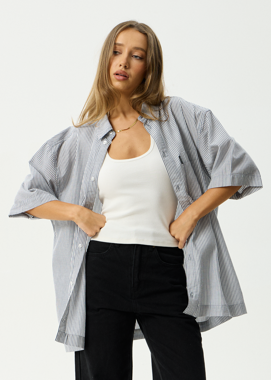 AFENDS Mens Intergalactic - Short Sleeve Shirt - Navy Stripe