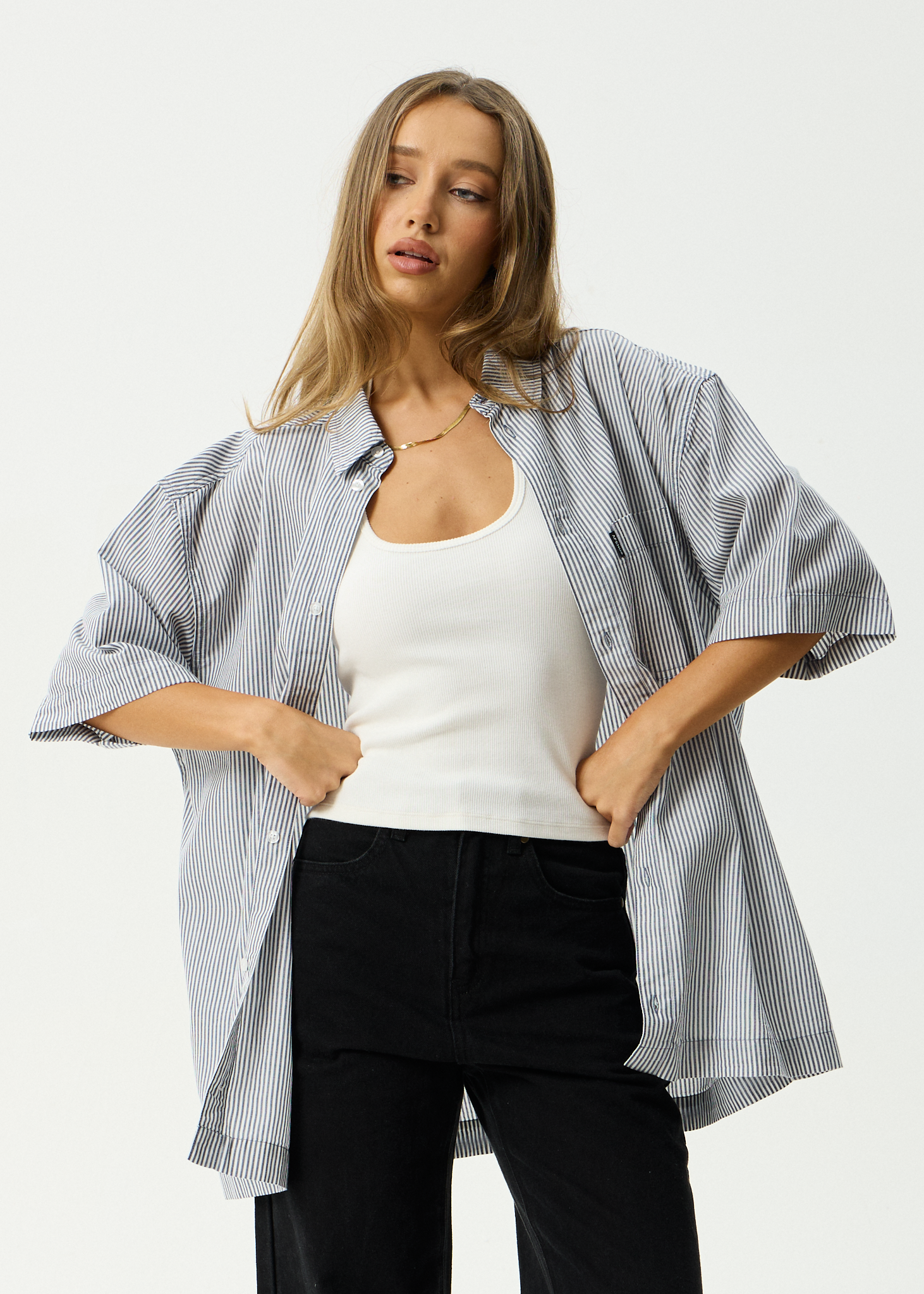 AFENDS Mens Intergalactic - Short Sleeve Shirt - Navy Stripe