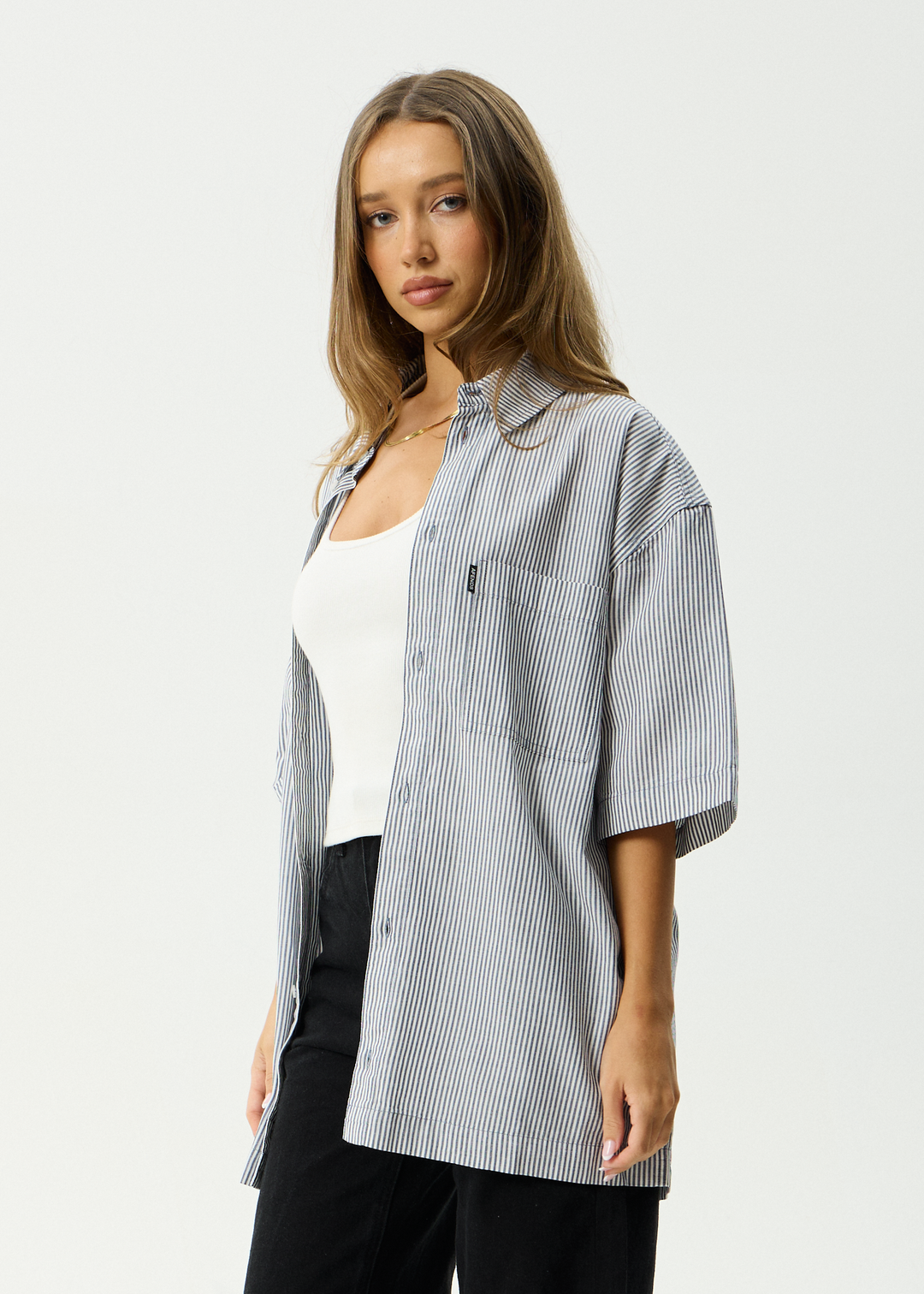 AFENDS Mens Intergalactic - Short Sleeve Shirt - Navy Stripe