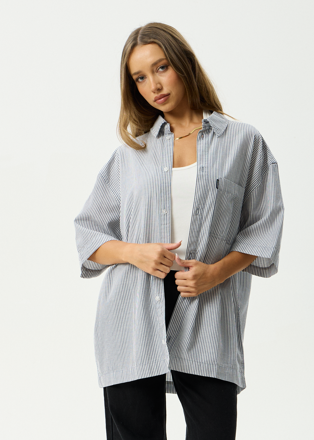 AFENDS Mens Intergalactic - Short Sleeve Shirt - Navy Stripe