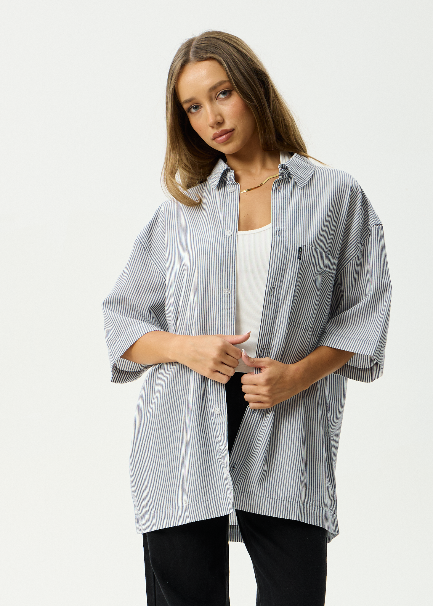 AFENDS Mens Intergalactic - Short Sleeve Shirt - Navy Stripe