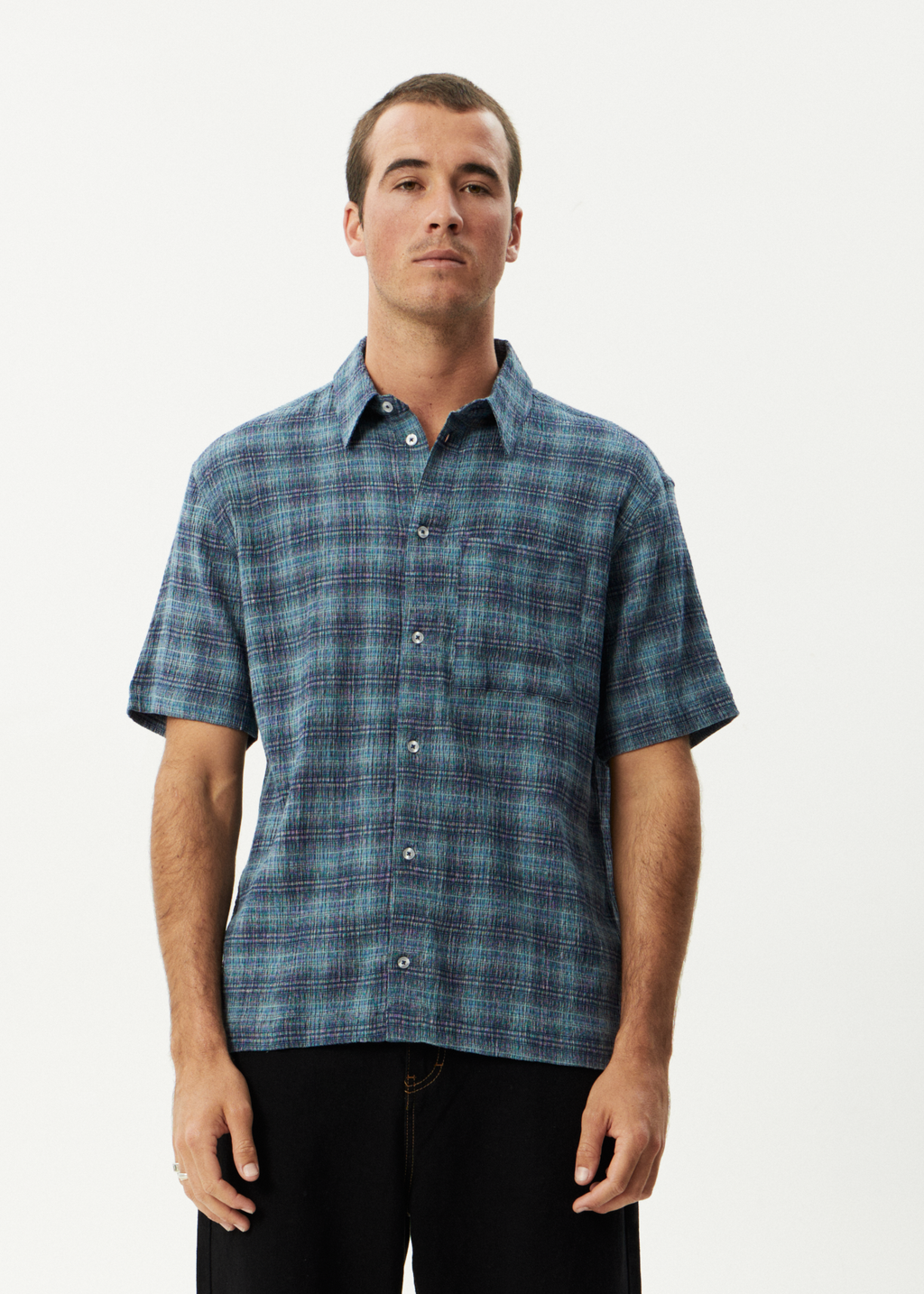 AFENDS Mens Position - Short Sleeve Shirt - Navy Check