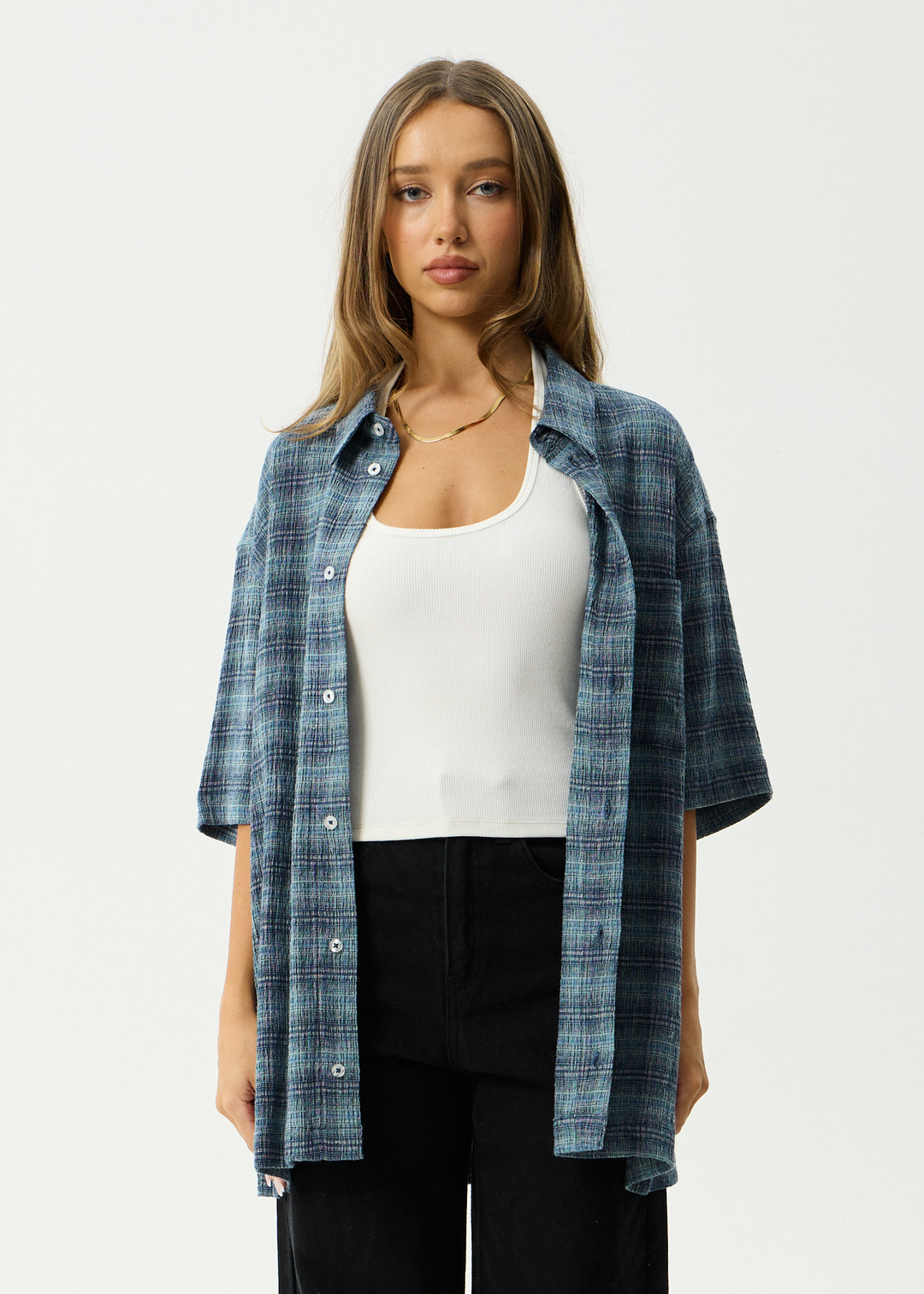 AFENDS Mens Position - Short Sleeve Shirt - Navy Check