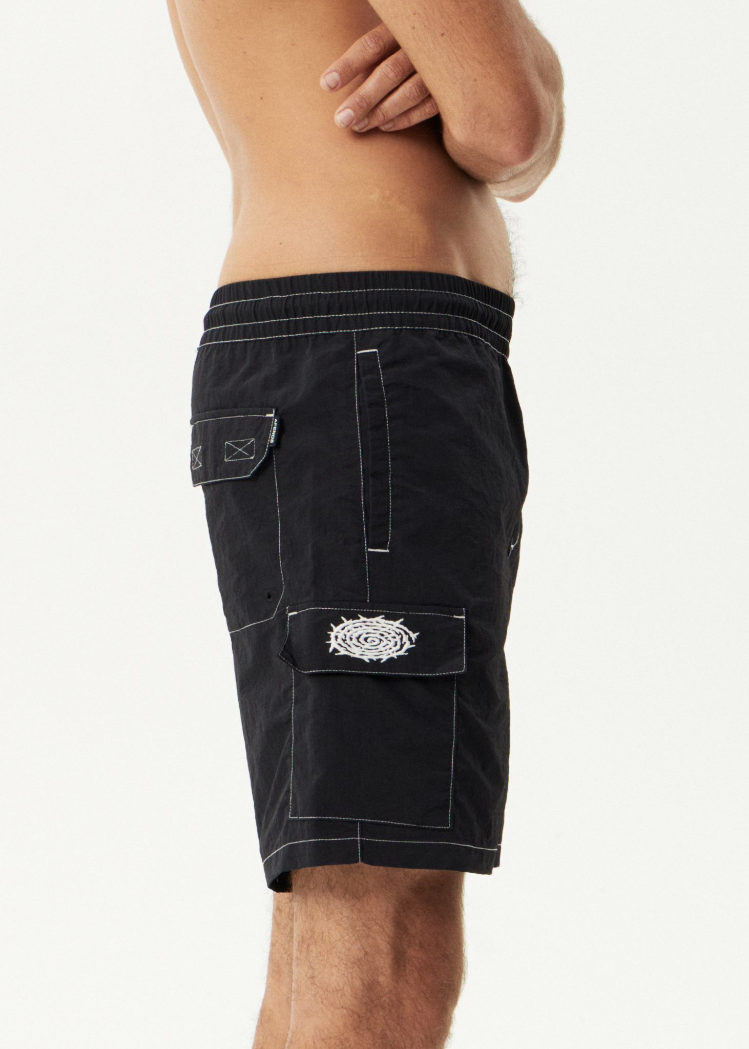 AFENDS Mens Heavy Petal - Cargo Baywatch Swim Short 18" - Black