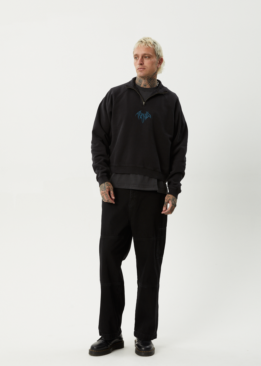 AFENDS Mens Bats - Raglan Quarter Zip Crew - Stone Black