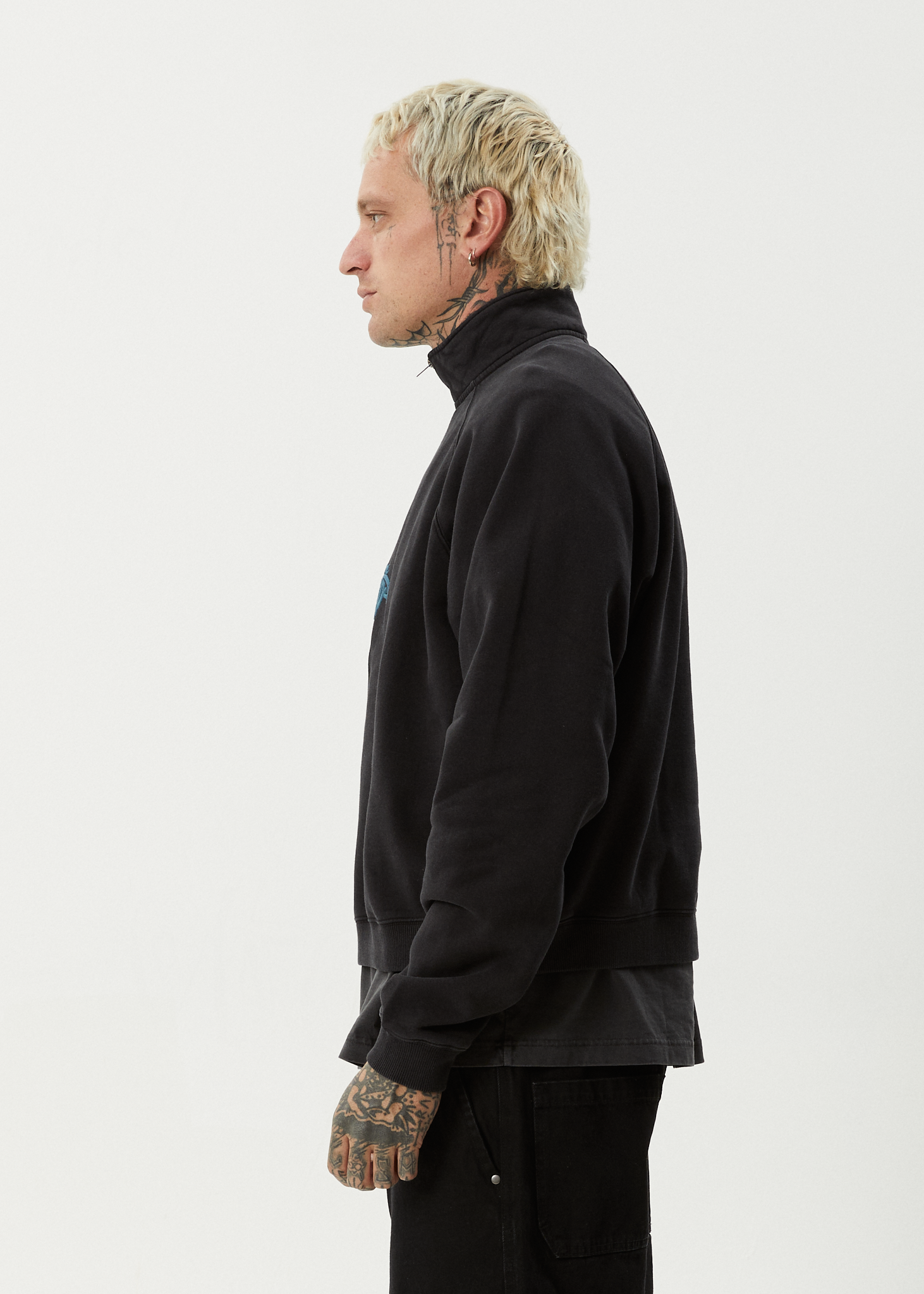 AFENDS Mens Bats - Raglan Quarter Zip Crew - Stone Black