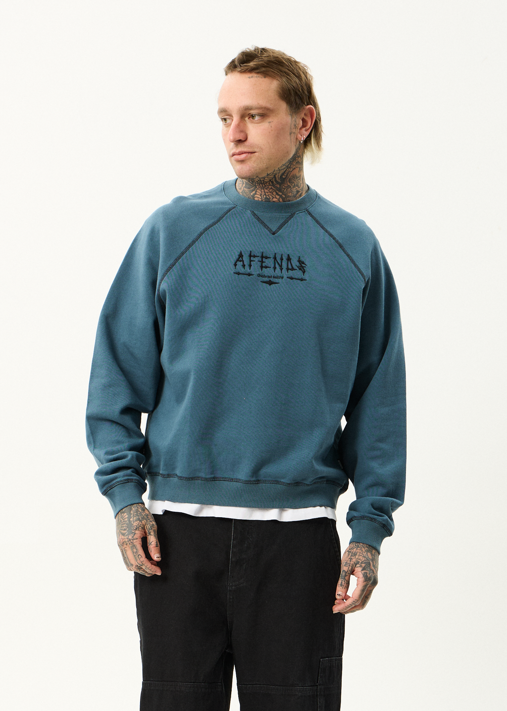 AFENDS Mens Spinal - Raglan Crew Neck Jumper - Fuel
