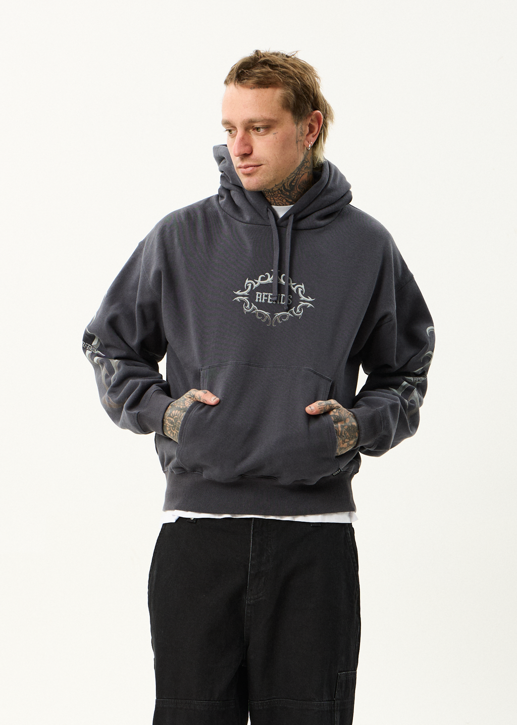 AFENDS Mens My Tribe - Boxy Hoodie - Charcoal