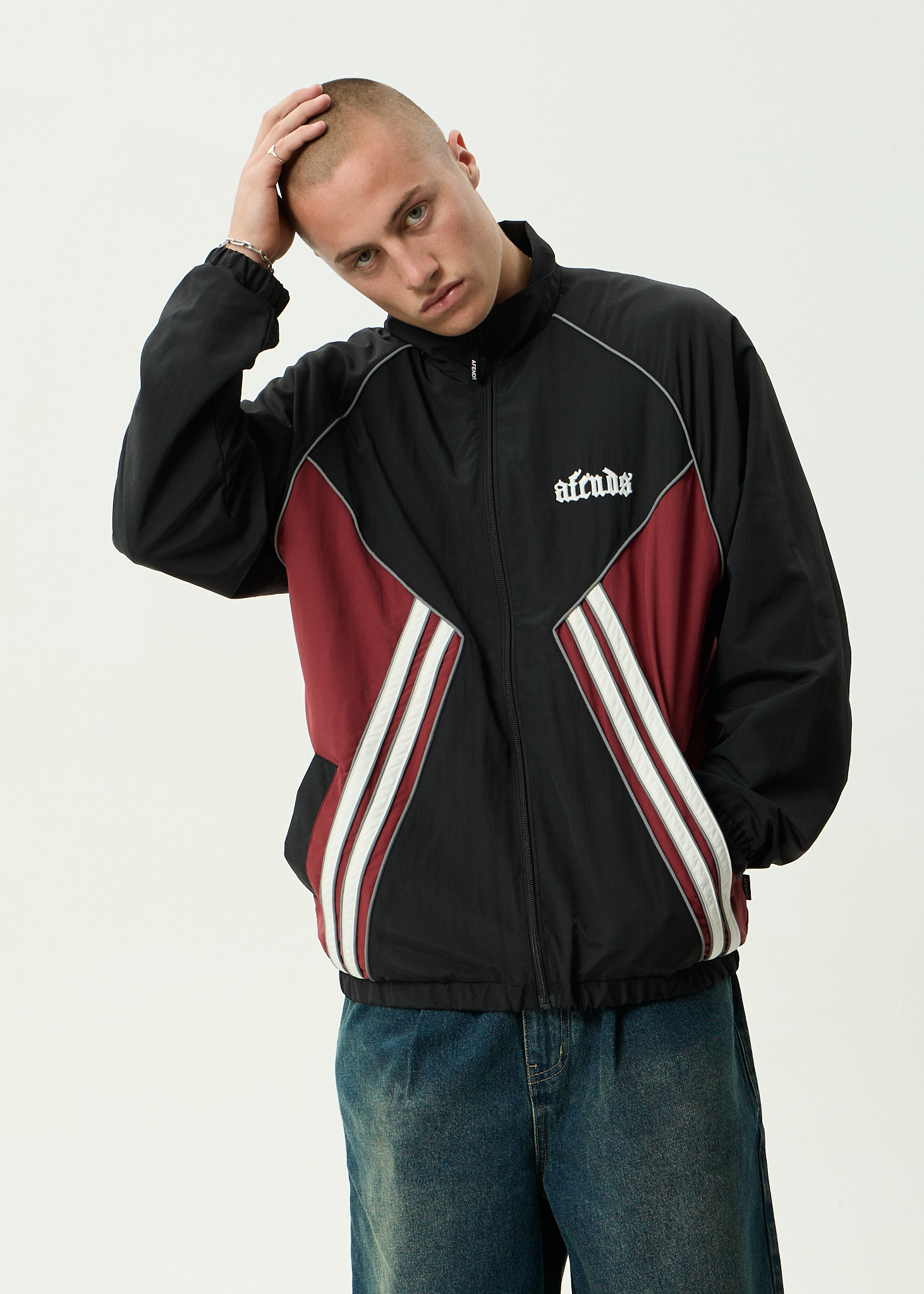 AFENDS Mens Sporting - Recycled Sports Spray Jacket - Burgundy