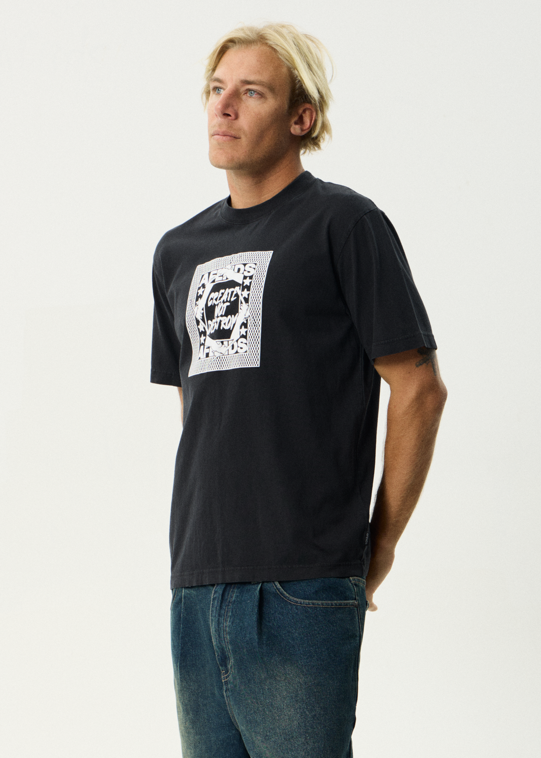 AFENDS Mens Painter - Retro Tee - Stone Black