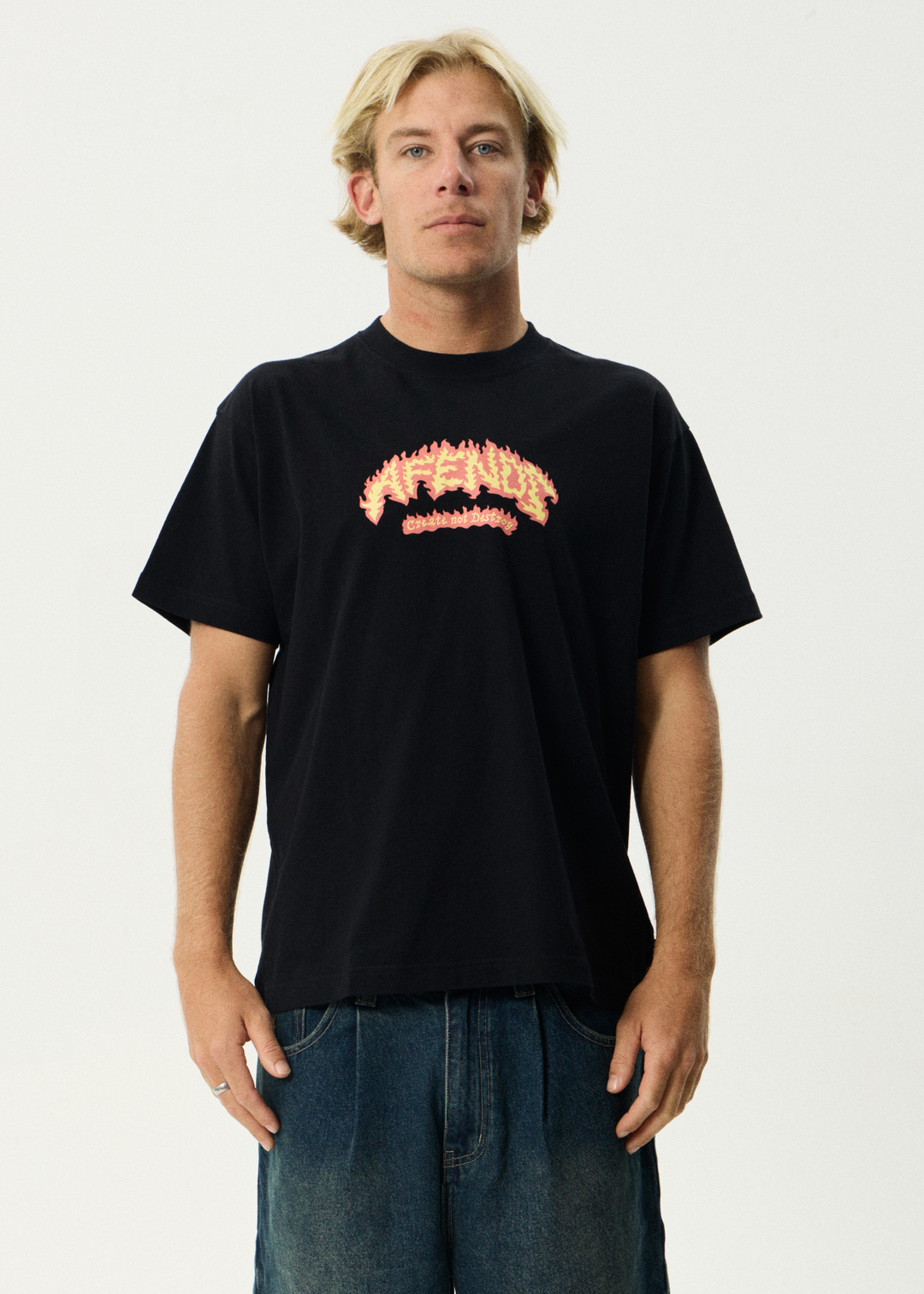 AFENDS Mens Flame On - Boxy Tee - Black