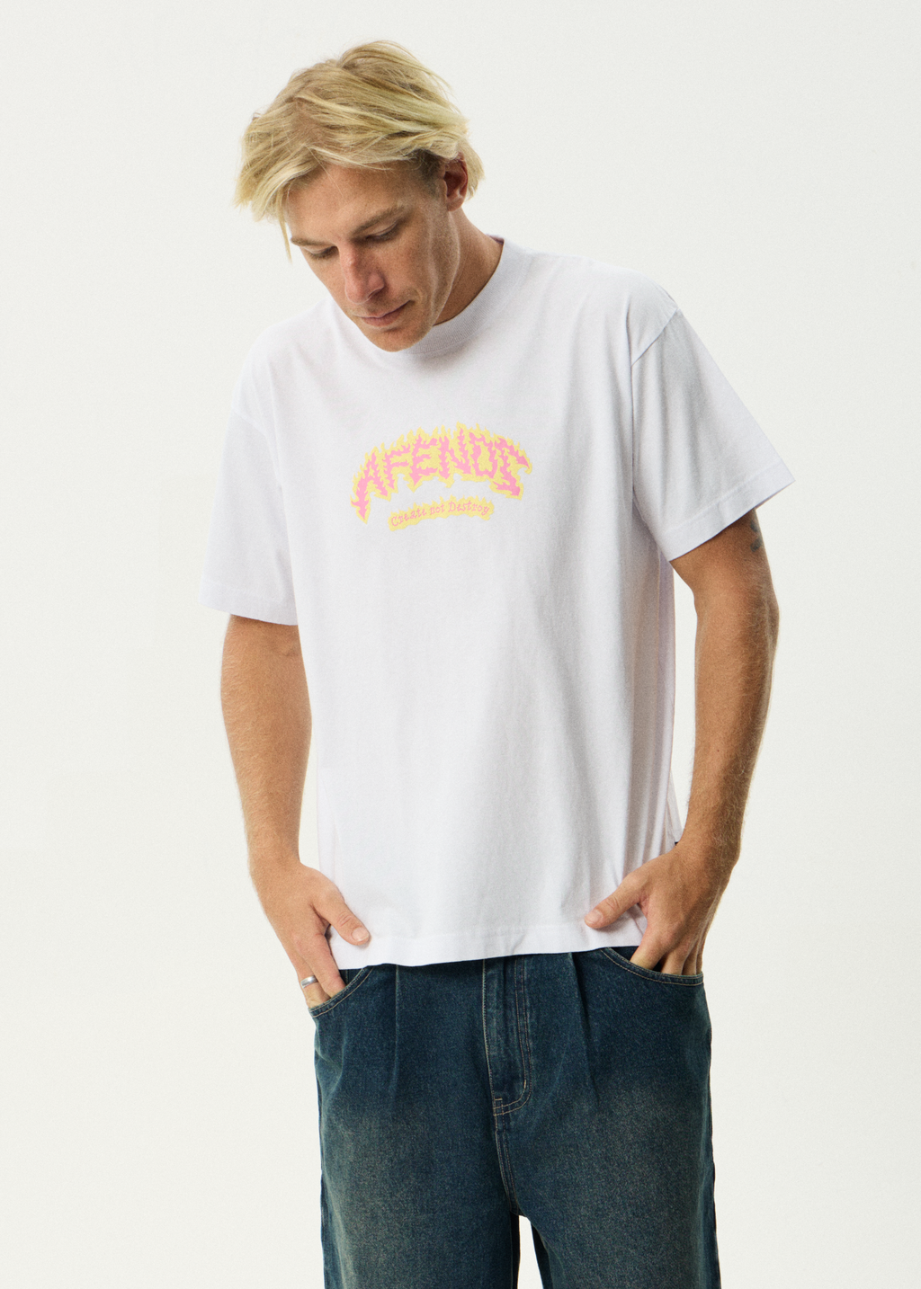 AFENDS Mens Flame On - Boxy Tee - White