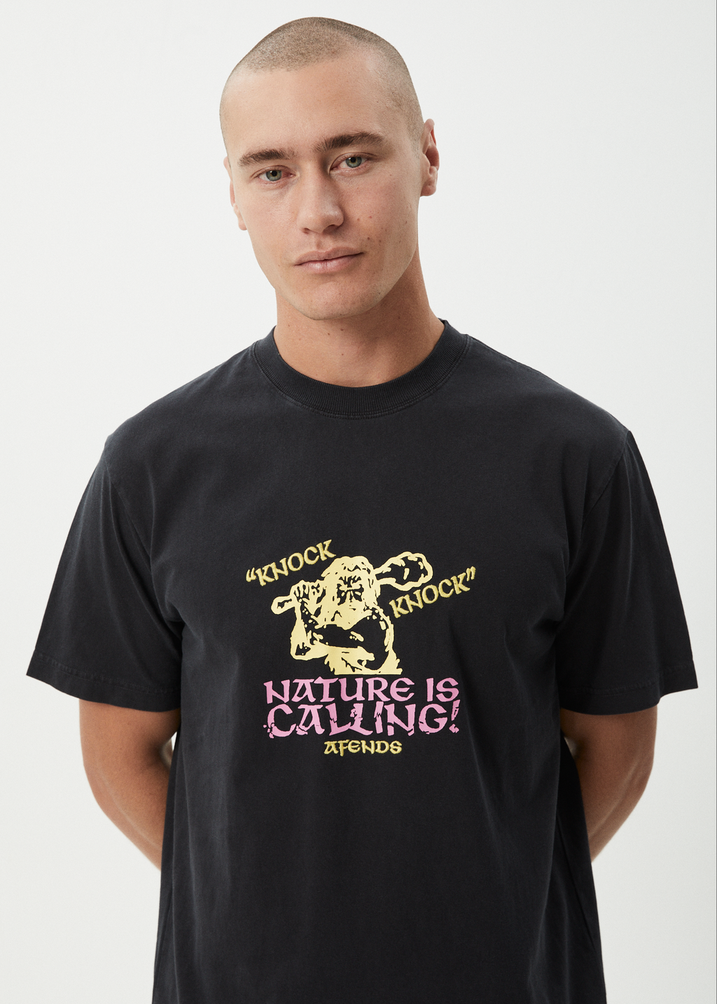 AFENDS Mens Knock Knock - Retro Tee - Stone Black