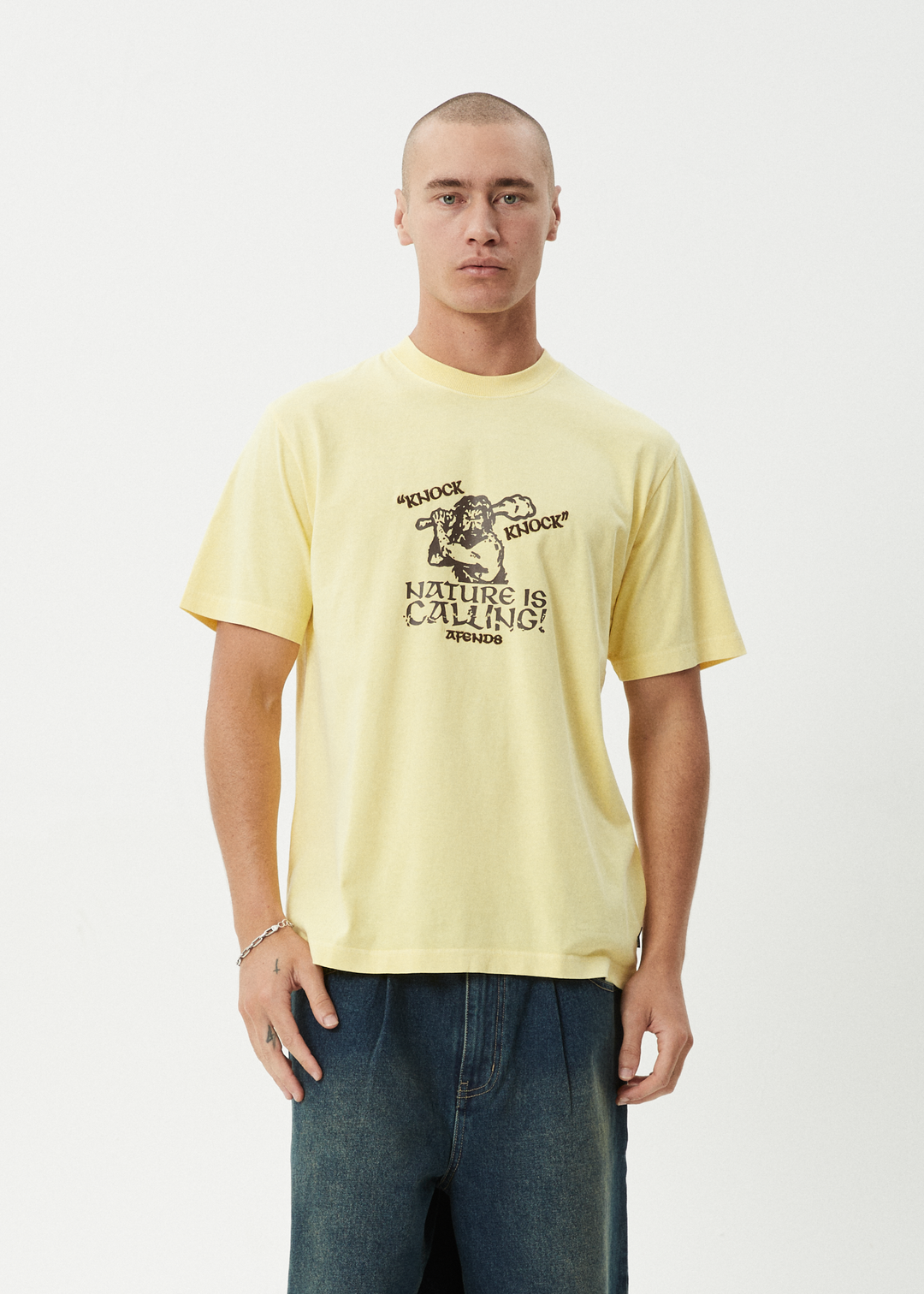 AFENDS Mens Knock Knock - Retro Tee - Washed Lemon