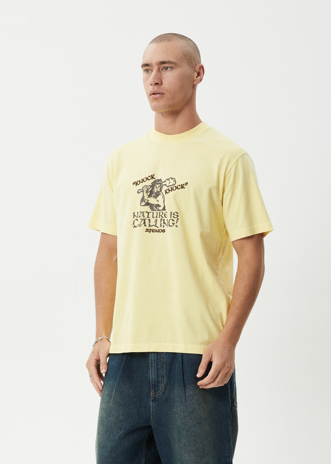 AFENDS Mens Knock Knock - Retro Tee - Washed Lemon