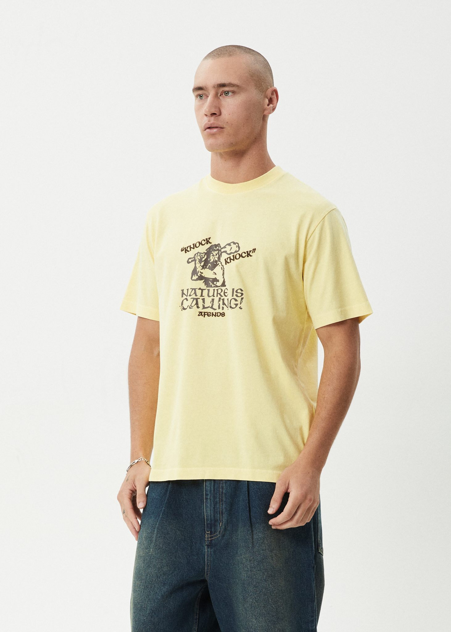 AFENDS Mens Knock Knock - Retro Tee - Washed Lemon