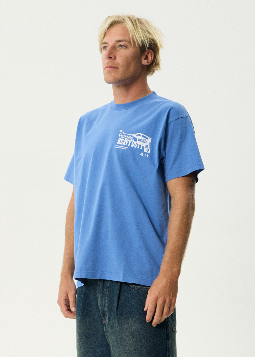 AFENDS Mens Heavy Duty - Heavyweight Boxy Tee - Washed Marina