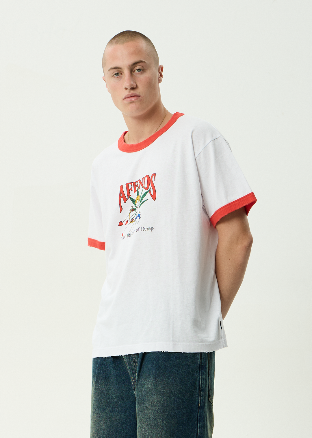 AFENDS Mens Cupid - Hemp Boxy Ringer Fit Tee - White