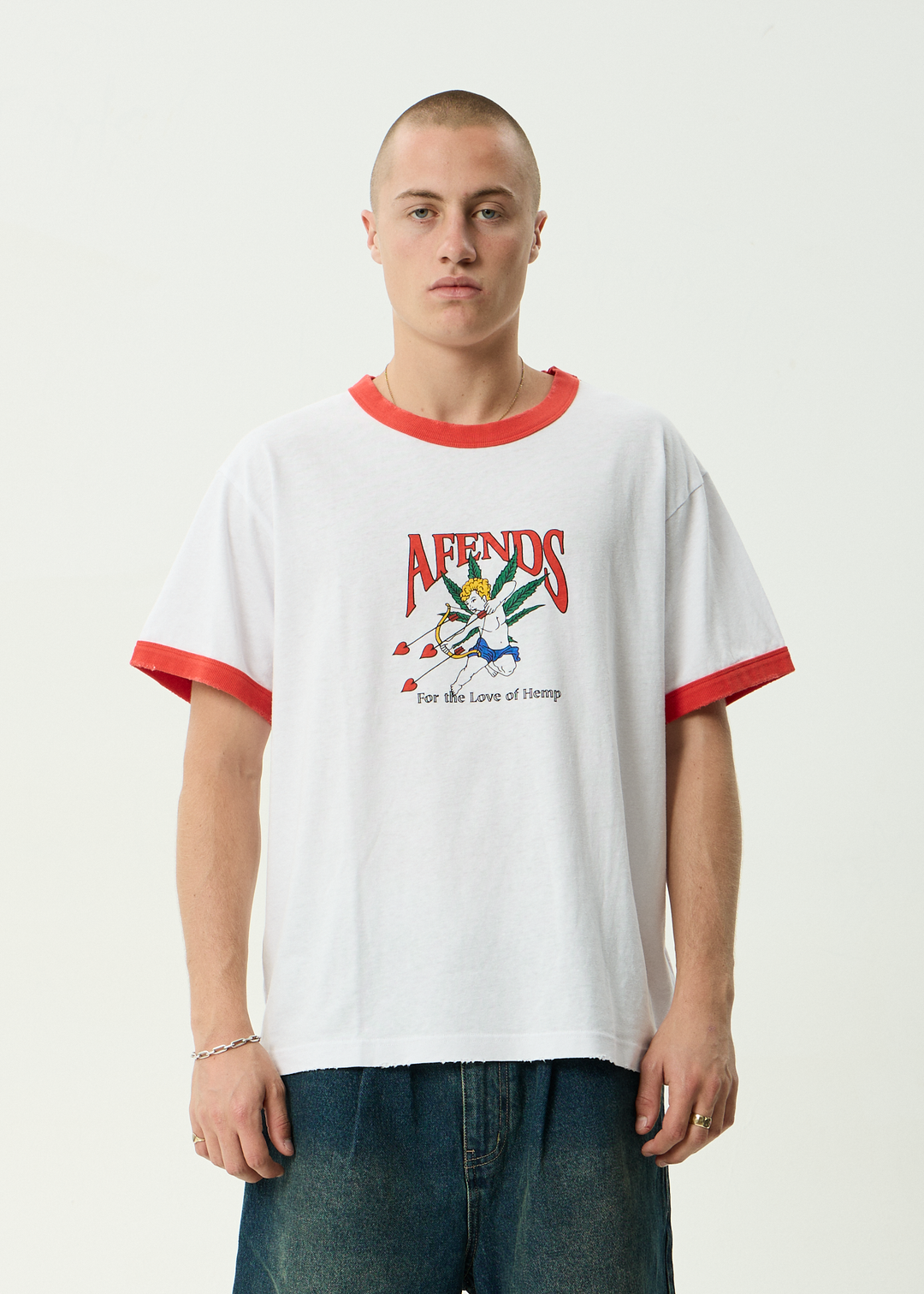 AFENDS Mens Cupid - Hemp Boxy Ringer Fit Tee - White